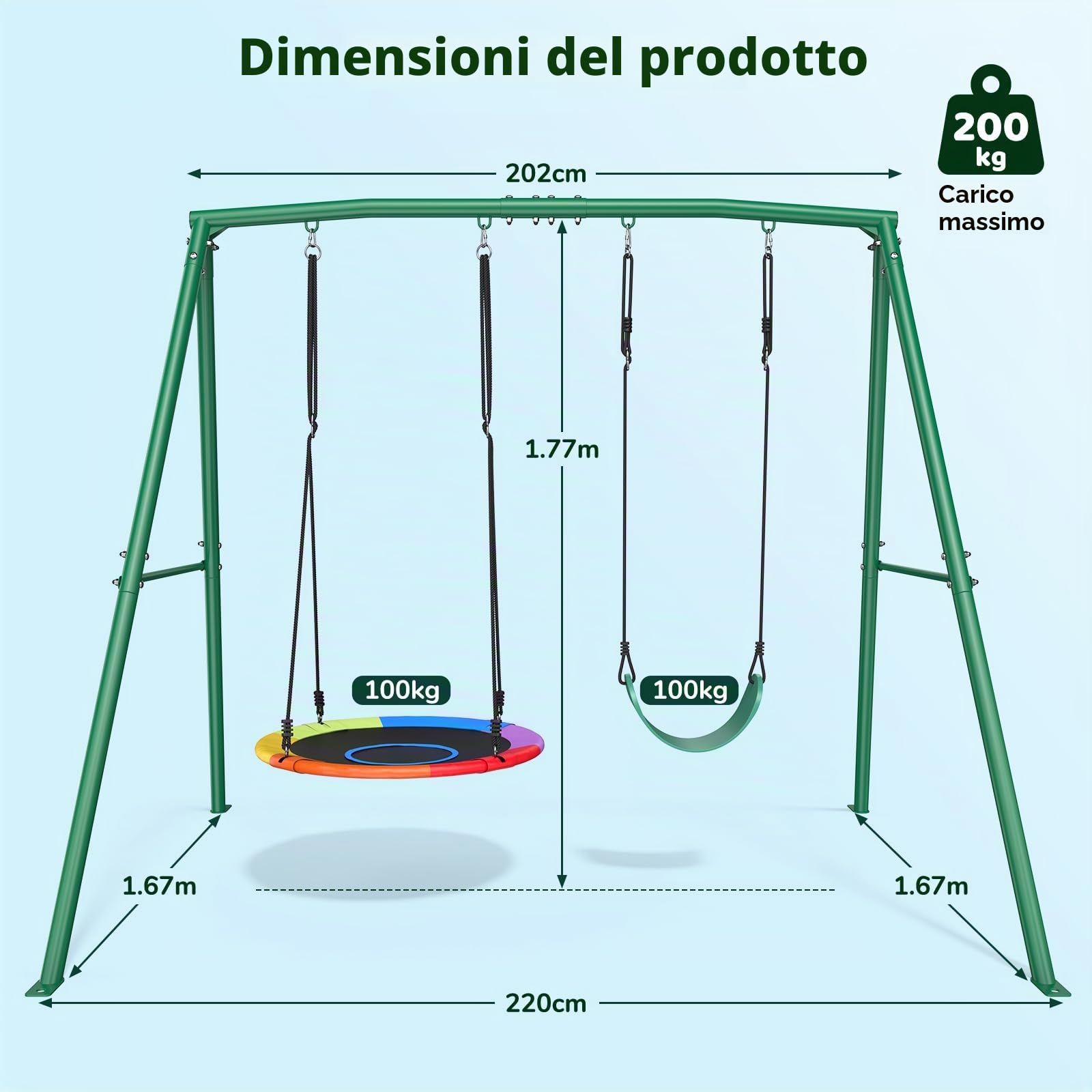 Trekassy Set di Altalena Doppia per Esterni con Struttura in Metallo, Portata fino a 200 kg, Altalena da Giardino con Altezza Regolabile, Altalena a Nido per Esterni per Bambini e Adulti