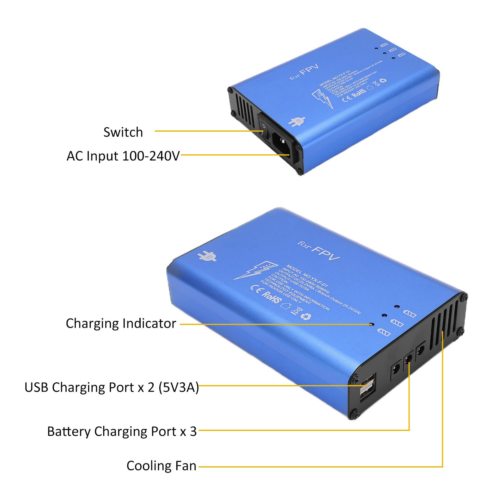 Chargeur de Batterie Drone, Hub de Charge Intelligent pour 3 Batteries et 2 USB simultanés avec contrôle précis pour Pilotes FPV passionnés et compétitions de Drones
