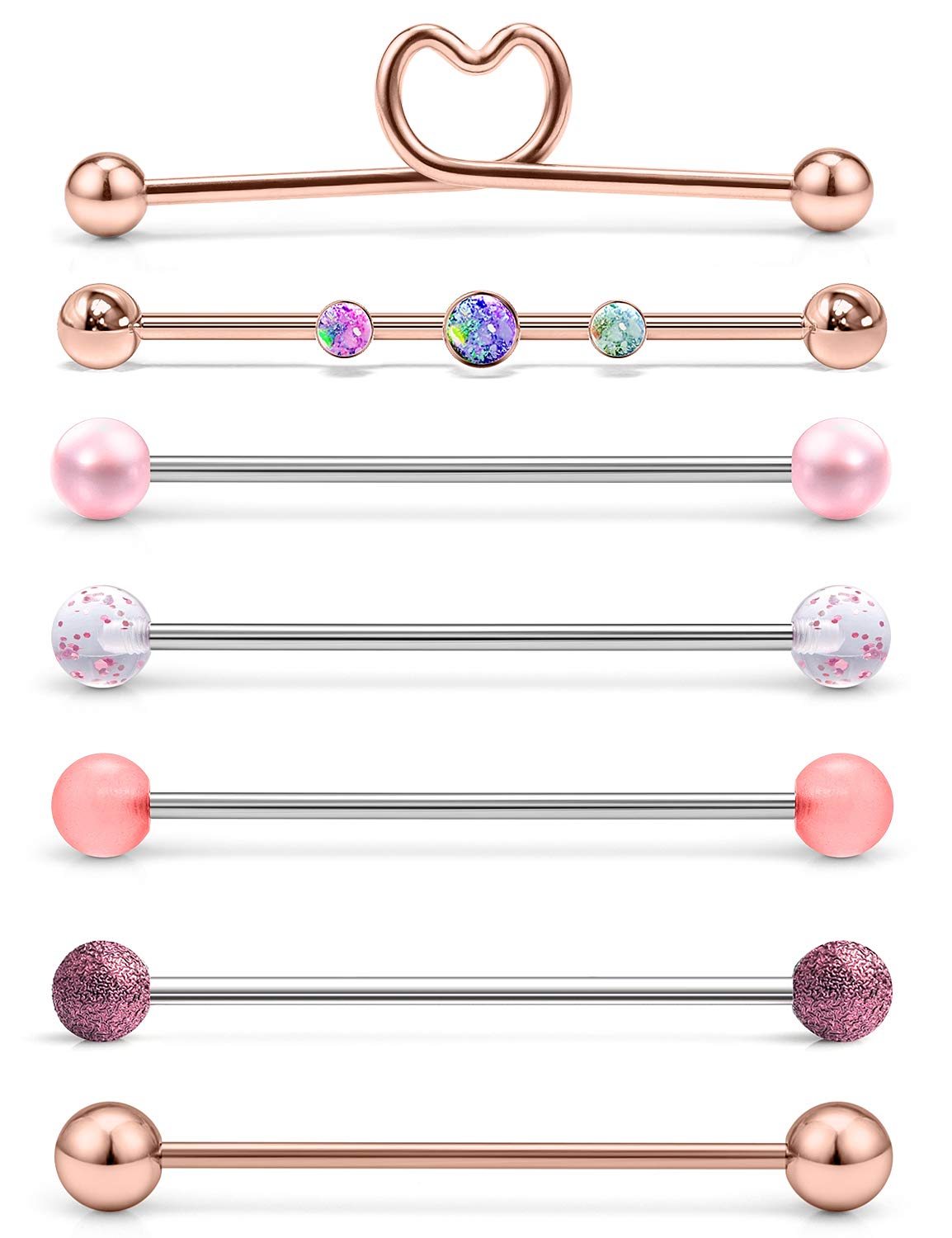 Lcolyoli 16G Stainless Steel Industrial Barbell with Opal Earrings for Women Men Cartilage Helix Rings Piercing Jewelry 7 Pieces 1 1/2 Inch (38mm) Industrial Piercing Bar