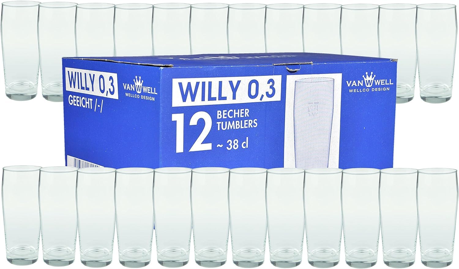 Van Well Willibecher 0,3l 24er Set - Premium Biergläser 0,3Liter - Robustes Bierglas, Spülmaschinengeeignet, Geeicht - Pint Gläser in Gastronomiequalität - Trinkglas 300 ml für Gastronmie und Zuhause