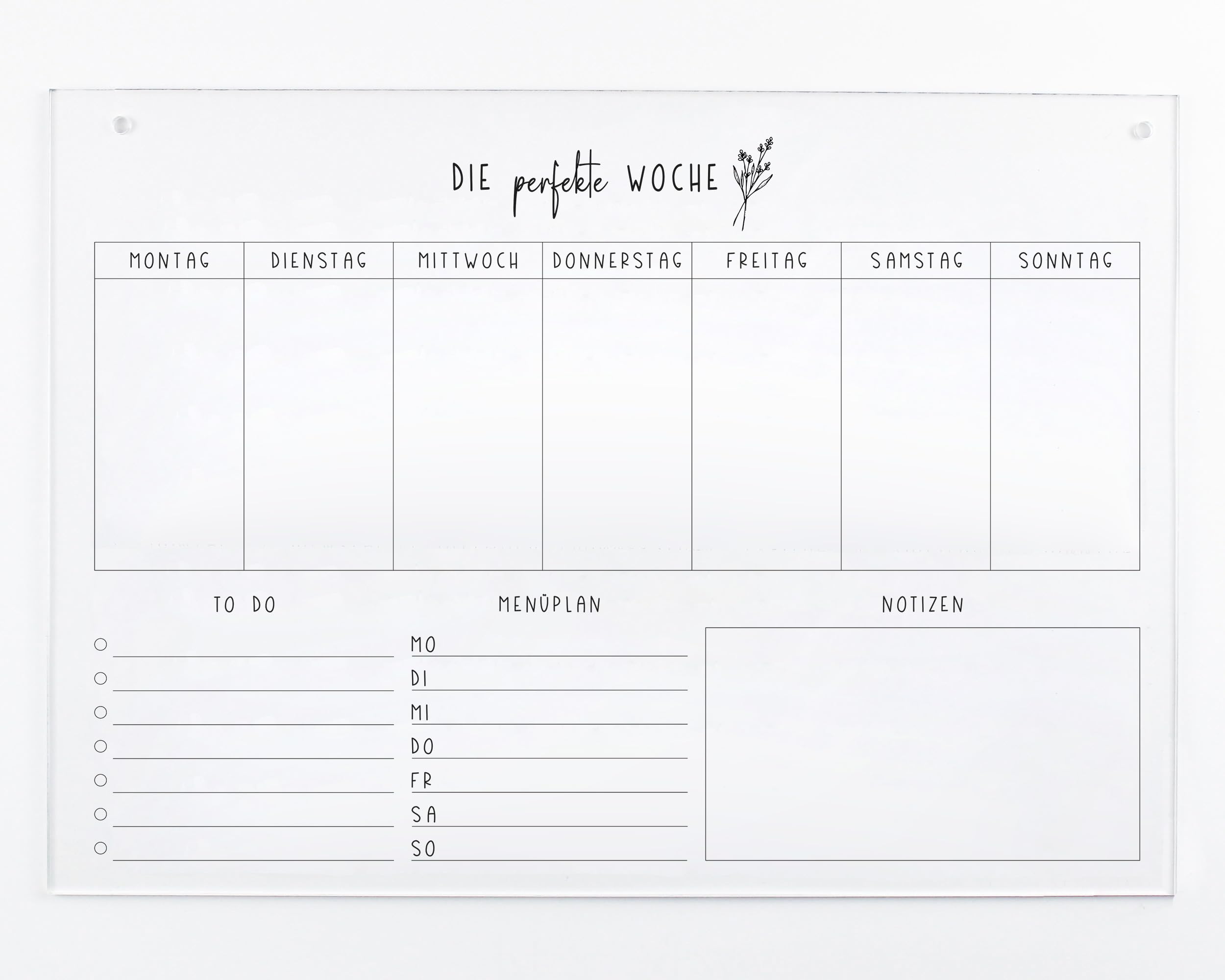 Wochenplaner A3 Acryl | Wandplaner für die Woche abwischbar | Wandkalender | To Do Liste | Menüplaner | Acrylglas
