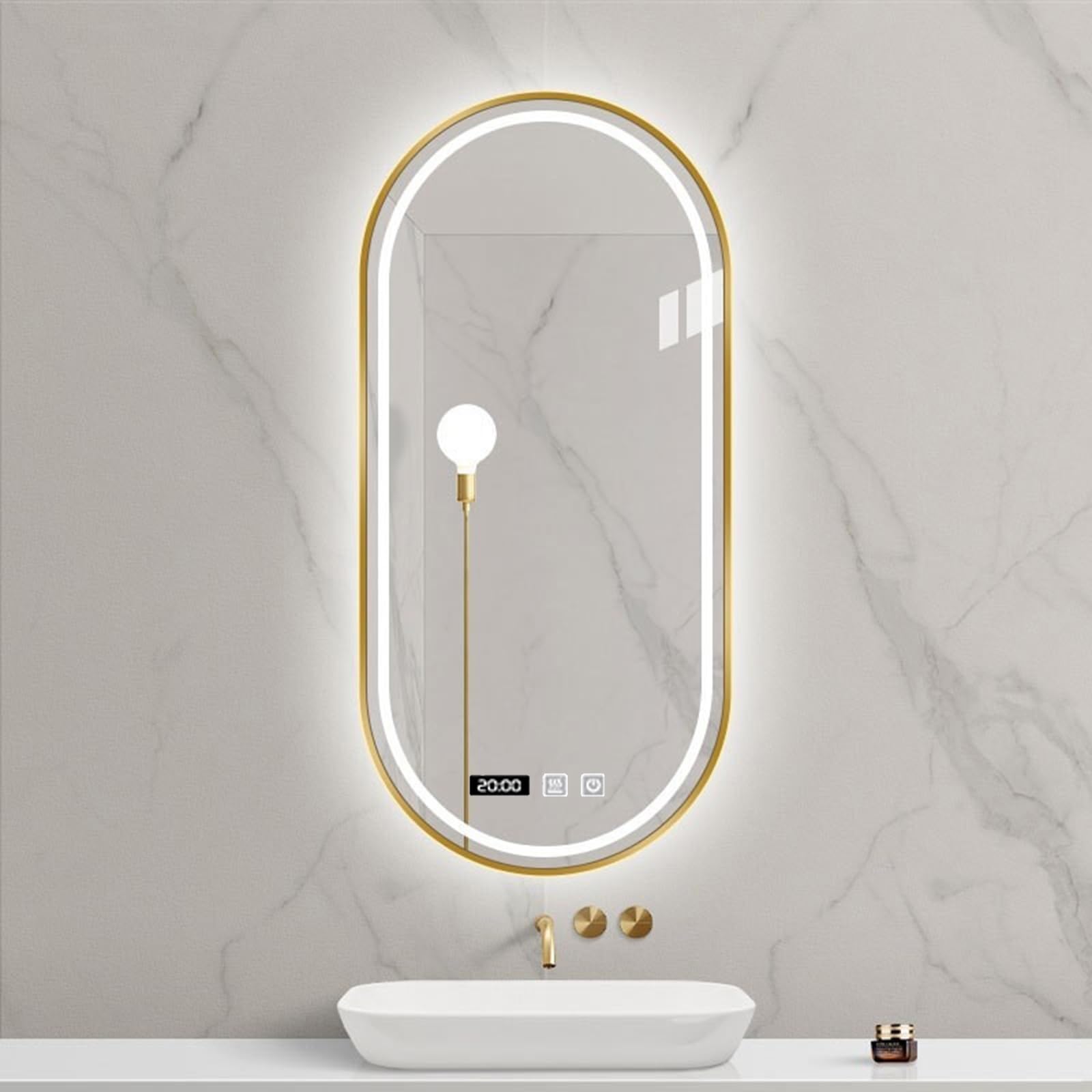 HIFASIOval Bathroom Mirror With LED Light, Wall Mirror With Aluminium Frame, Decorative Mirror, LED Illuminated Makeup Mirror, Dimmable, Anti-fog, 3-colour Light, Time, IP44(Size:40x80cm,Color:Gold)