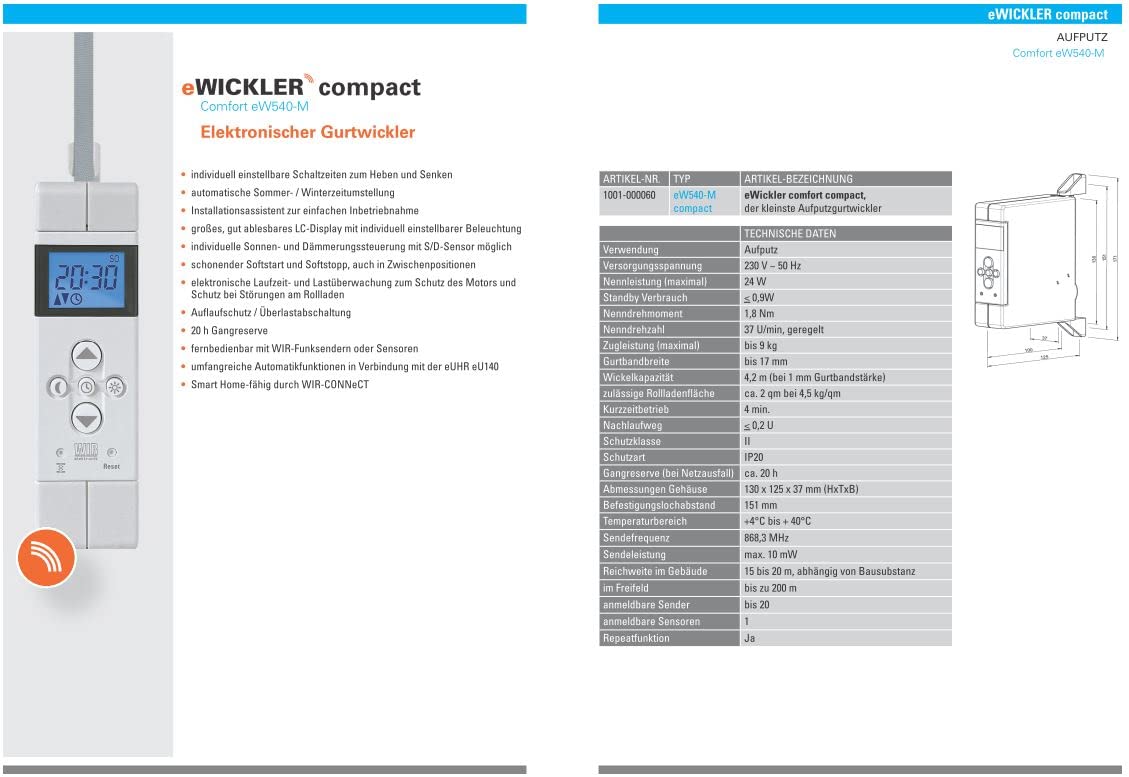 WIR elektronik, eWickler Comfort FUNK COMPAcT, eW540-M, kleinste Gurtwickler, bis 9 kg, für 15 mm Gurtbandbreite, Fahrtzeiten einstellbar, inkl. Netzstecker