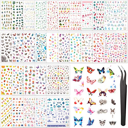 30 Sheets Butterfly Nail Art Stickers Leaves Flamingos Cactus Nail Decals Flowers Fruit Nail Sticker 3D Self-Adhesive Stickers with Nail Art Tweezers for Woman Girl DIY Nail Art Decor