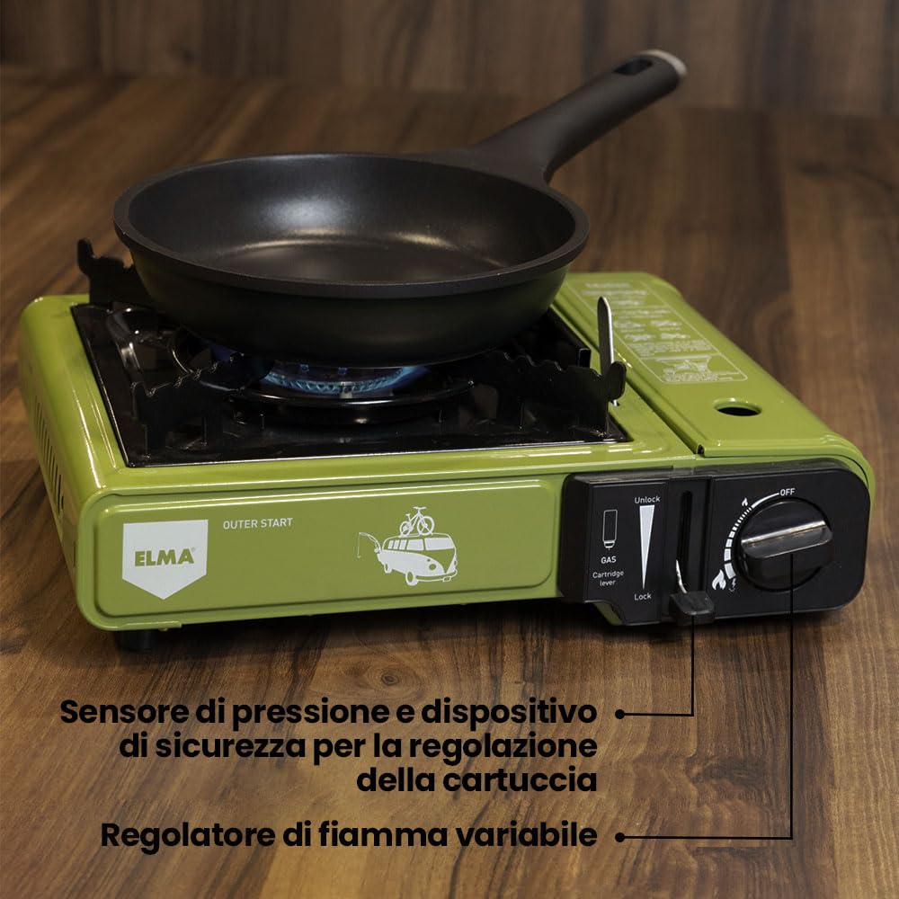 Fornello a Gas Portatile Elma Outer Start Compatibile con Cartucce Butano EN417 e Bombole Butano/Propano, Ideale per Campeggio, Viaggi e Outdoor | con Valigetta di Trasporto, 2,3 Kw, Verde