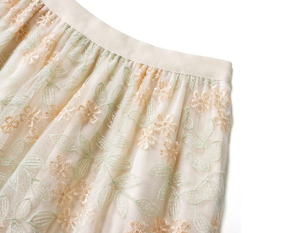 Faldas para Mujer Longitud Mediana, Falda Midi De Tul para Mujer Faldas Plisadas Fluidas con Bordado De Flores De Malla De Doble Capa para Mujer Faldas De Talle(Apricot)