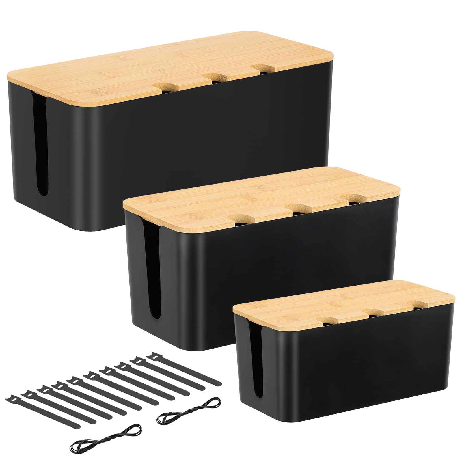 Cable Tidy Box 3 Pack Larger Desk Wire Organizer Box Cable Management Box Hiding Messy Cable Surface Wiring Power Strip Cord Management Storage Tray with Lid Lead Cover Box Large, Medium, Small -Black