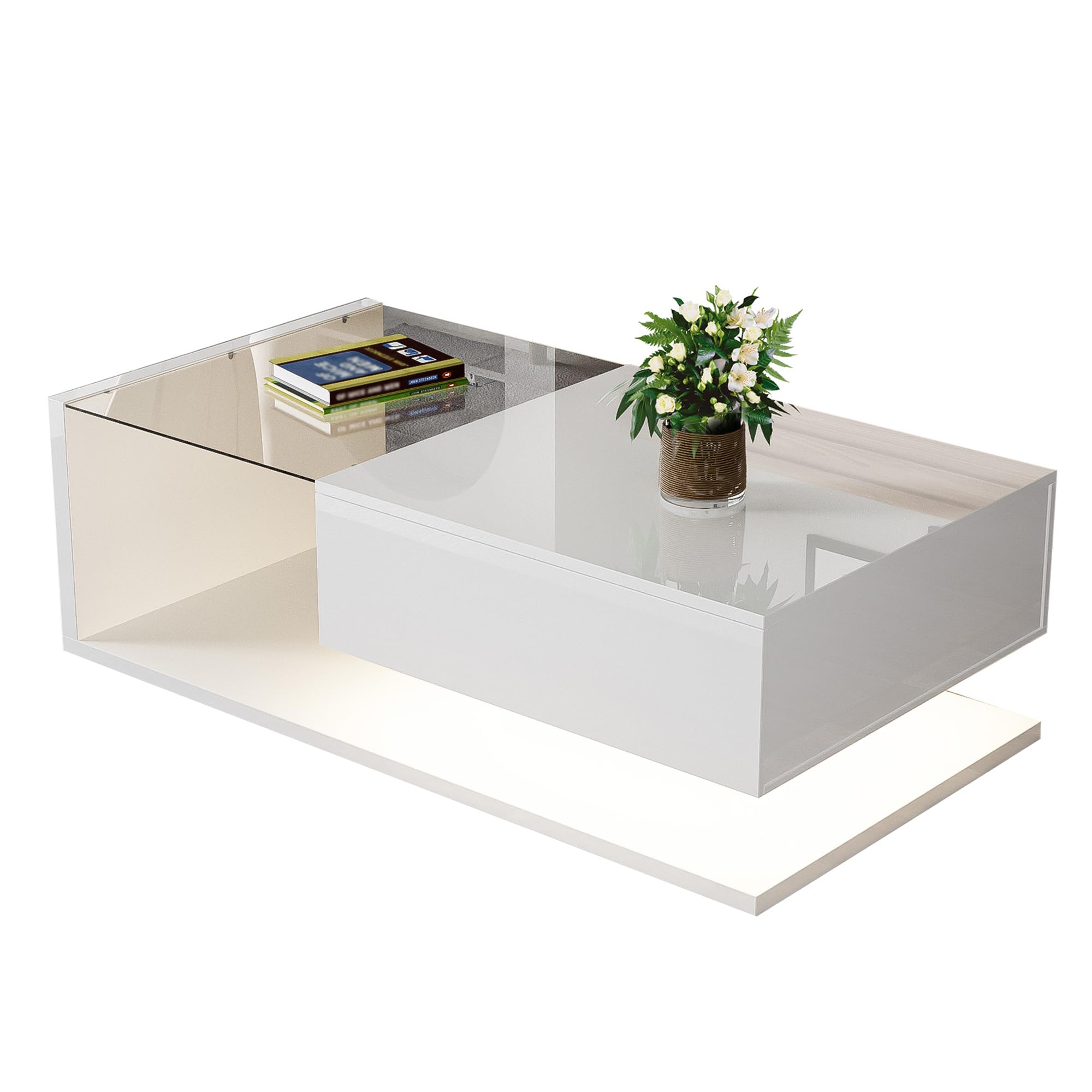 BTM Couchtisch, Hochglanz-Weiß. Beistelltische, Couchtische mit Glas und LED-Effekt