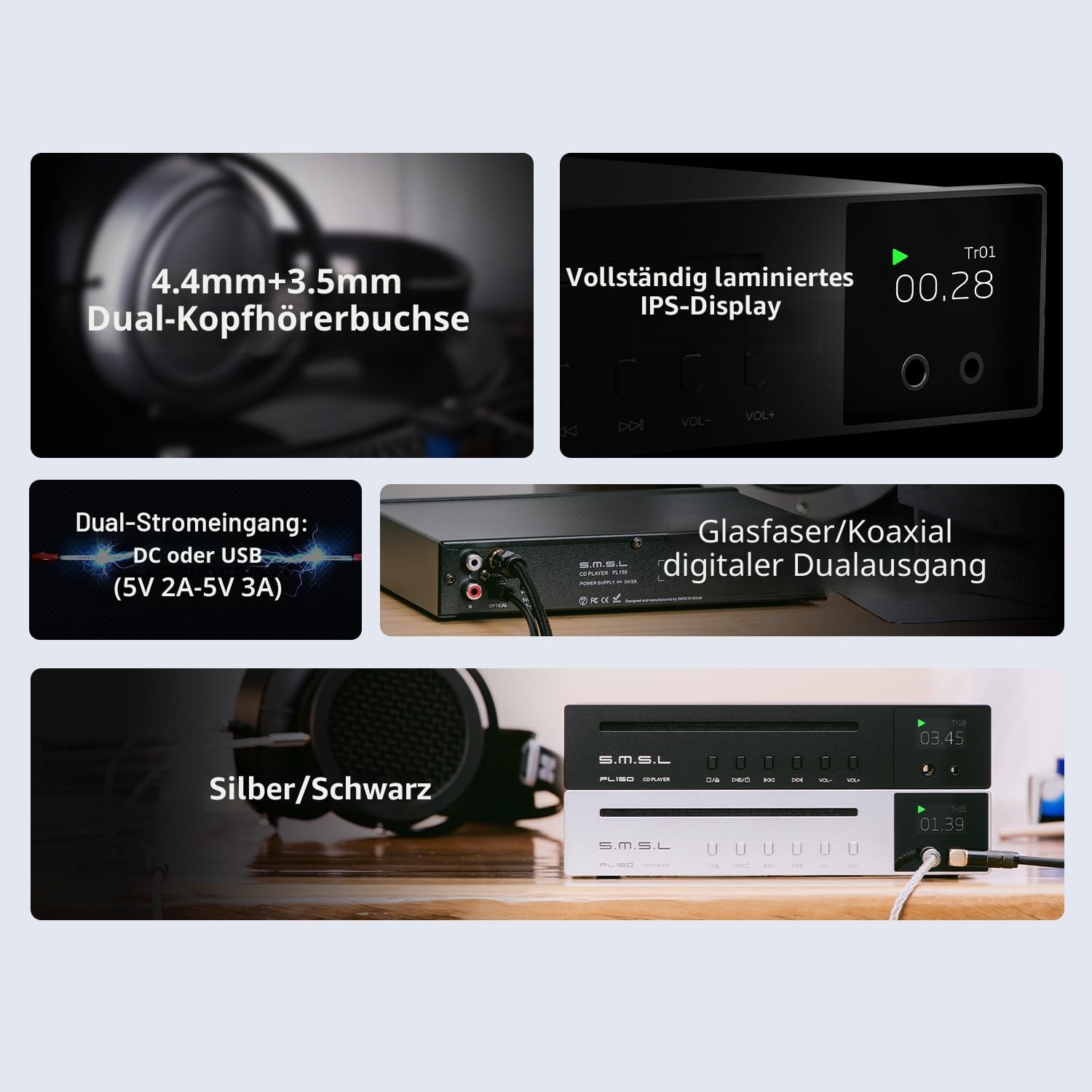 S.M.S.L PL150 CD Player, unterstützt Standard-CD/MQA-CD/HDCD/MP3-CD, CS43198 DAC-Chip, optischer/koaxialer Ausgang, 4,4mm+3,5mm Kopfhörerbuchsen,Für Fahrzeuge