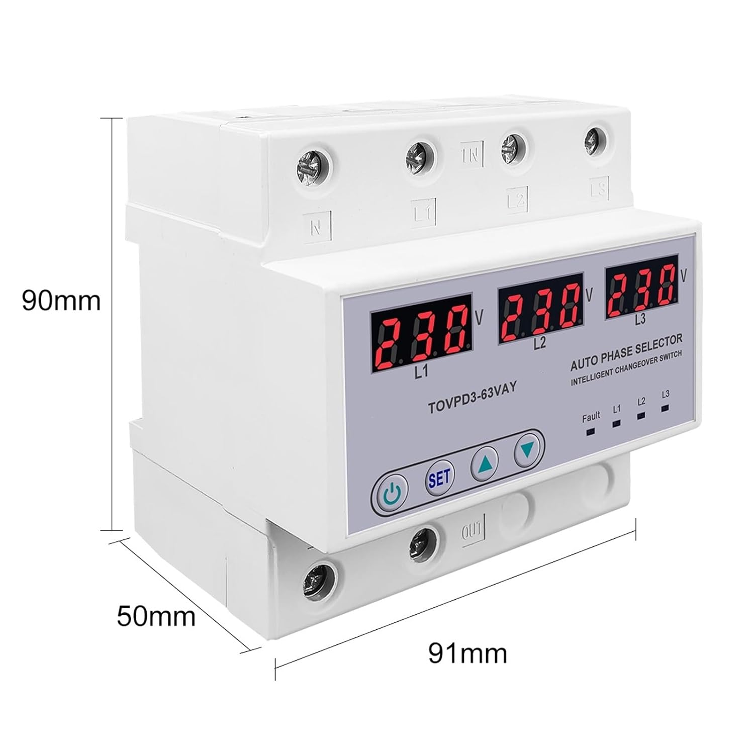 63A 3 Phase 3P+N Din Rail Phase selector Voltmeter Adjustable Over and Under Voltage Protection Monitor Relays Protector