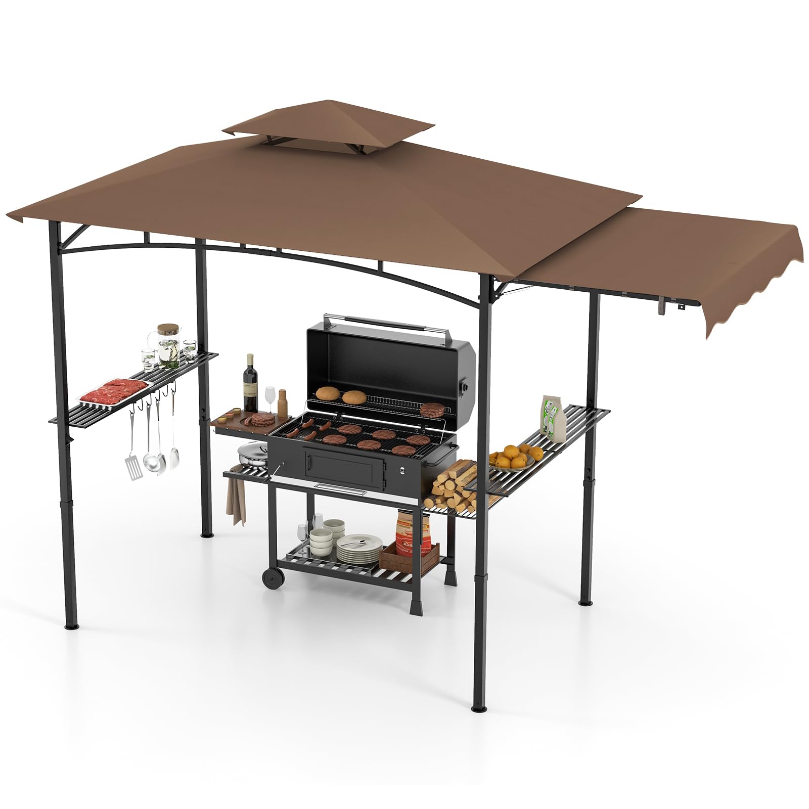 Moccha Gazebo Da Barbecue 2.1x1.3x2.1 Mt, Con Ripiano E Ganci, Struttura In Metallo, Tenda Impermeabile Per Esterni, Beige, Per Patio E Giardino - 3
