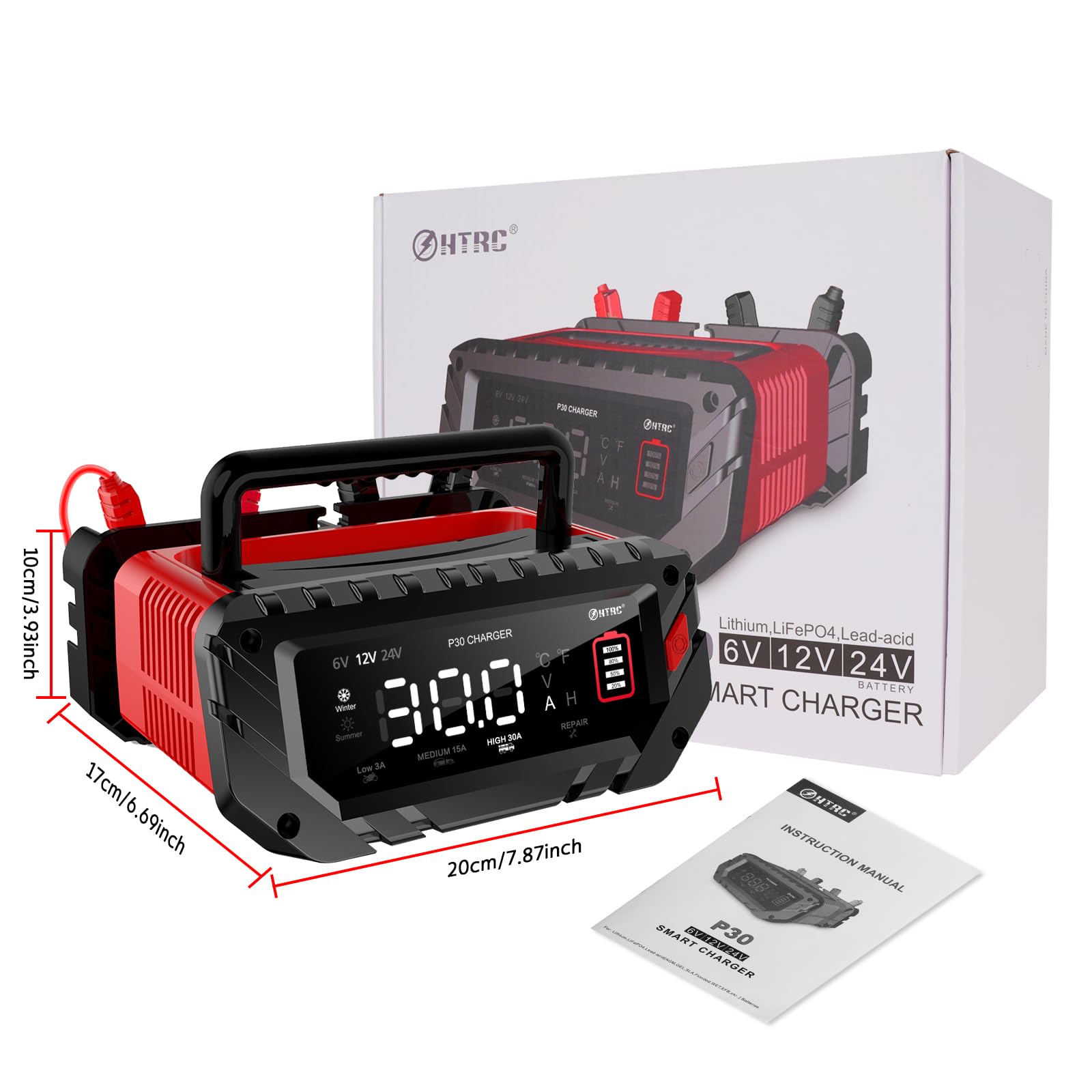 P30 Autobatterieladegerät 6V 12V 24V, intelligentes Schnelladen für Autos eignet Sich für Lithiion LiFePO4 Bleisäure (AGM, Gel, EFB, etc.), Autos, Schiffe, Rasenmäher und andere Batterietriebe.