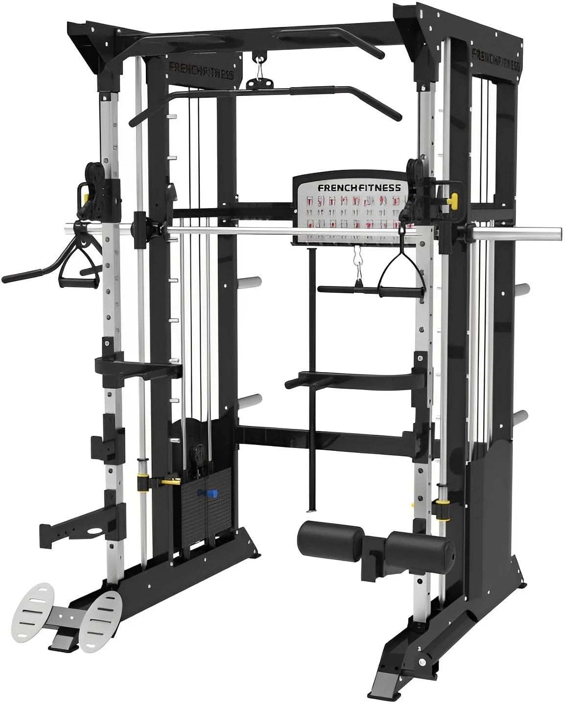French Fitness FSR70 All-in-One Smith Machine, Squat Rack & Functional Trainer – Multi-Station Training System with Optional Attachments (Black, 286 lbs x 2 Weight Stack)