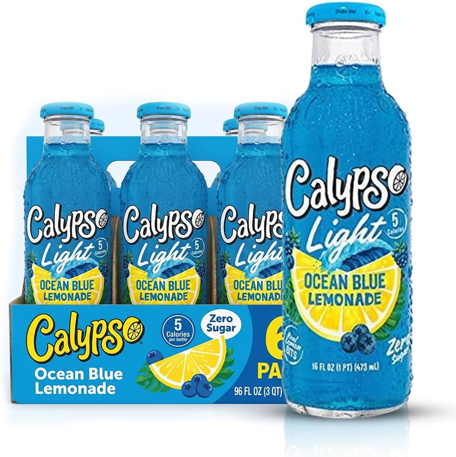 Calypso Lemonade, Light Ocean Blue Lemonade, Made with Real Fruit, 16 Fl Oz Glass Bottles (Pack of 6)