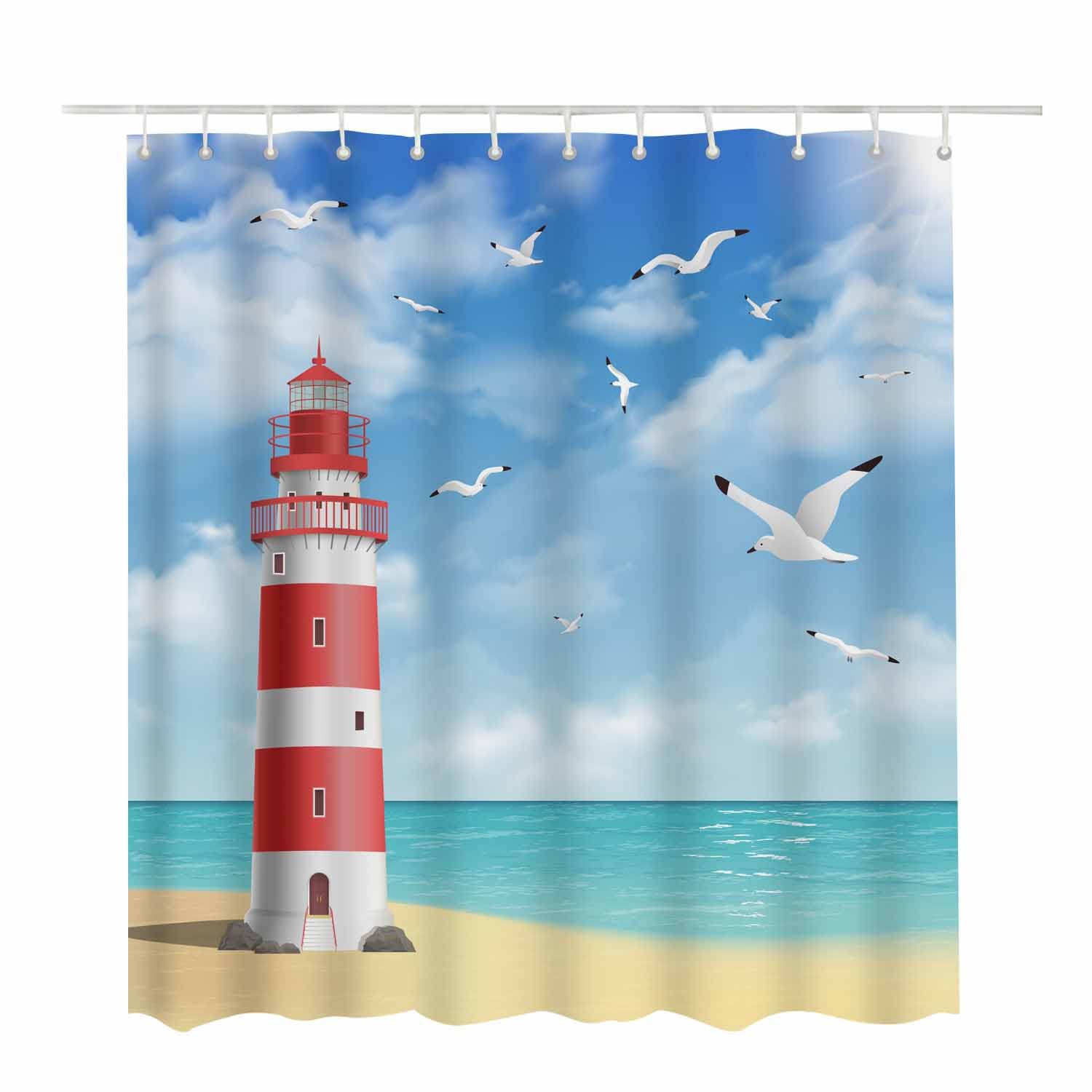 Woutay Shower Curtain Mould Proof Resistant Lighthouses on The Beach,Water Repellant Fabric,Polyester,with 12 Plastic Hooks - Image 2