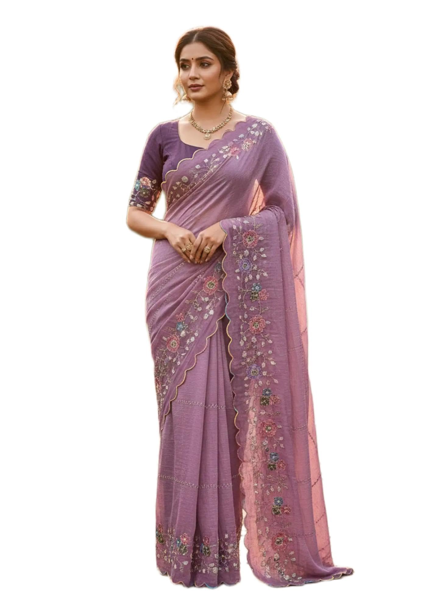 Womens Georgette Saree Featuring Multicolor Floral Thread Work With Banglori Blouse 5.5 Meter Saree and 0.8 Meter Unstitched Blouse Piece-image-39