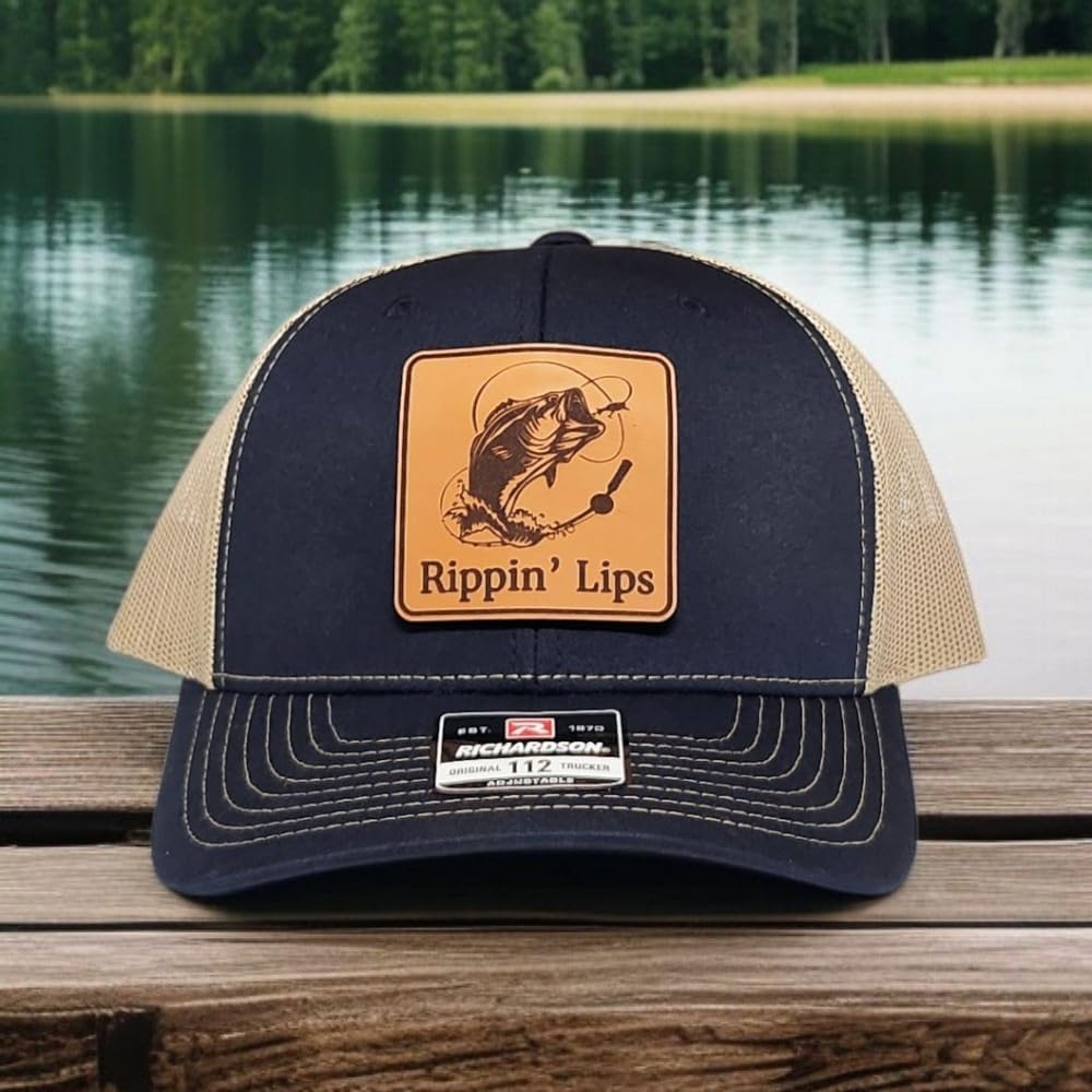 Rippin’ Lips Fishing Hat - Funny Trucker Hat for Fishermen - Great Gift for Dads, Bass Anglers, and Outdoorsy Guys - Adjustable Snapback - Camo Fishing Hat