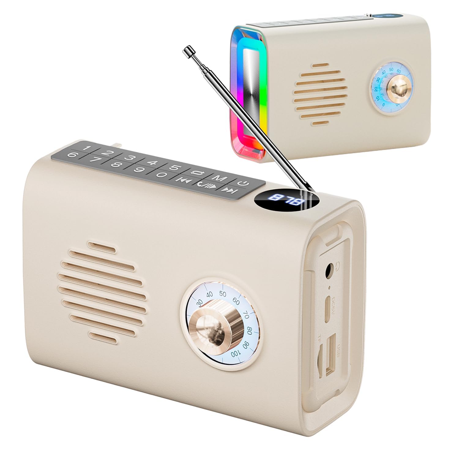 ExceforePortable Bluetooth Speaker With Light, Outdoors Solar Powered Wireless Speakers, Vintage FM Radio With RGB Light, String Bass Enhancement with U Disk, TF Card, Aux Player Function, Beige