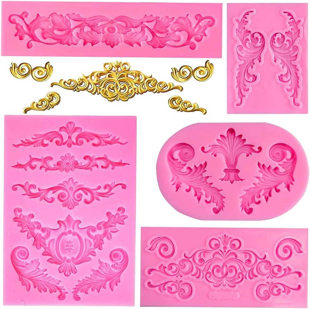 5 Piezas Molde de Silicona para Fondant Molde de Silicona para Pasteles Barroca Retro Relieve Silicona Fondant Molde para Chocolate, Pastel, Decoración de Postres