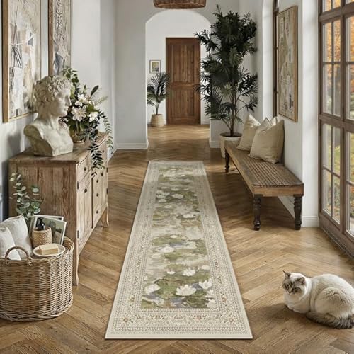 Washable 2x8 Runner Rug for Hallway Beige Floral Indoor Long Carpet Non Slip Low Pile Vintage Impressionist Rugs for Enterway Kitchen Bathroom Laundry