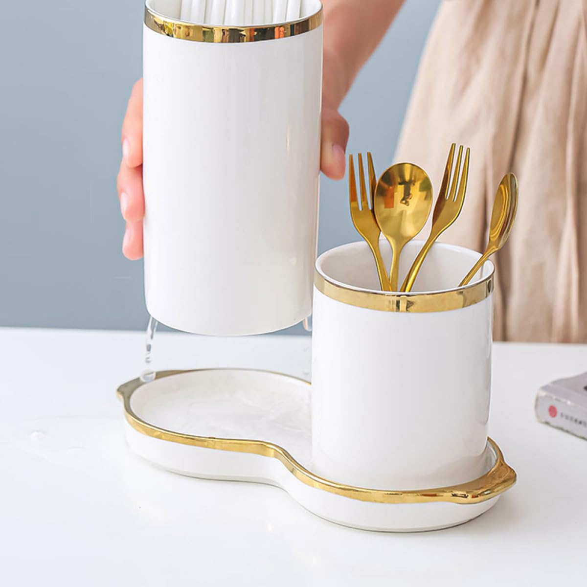 Escurridor y Drenaje Eficaz Blanco de Palillos de Cerámica Doble Compartimento para Almacenar Utensilios de Cocina y Diseño Simple Toque Cómodo