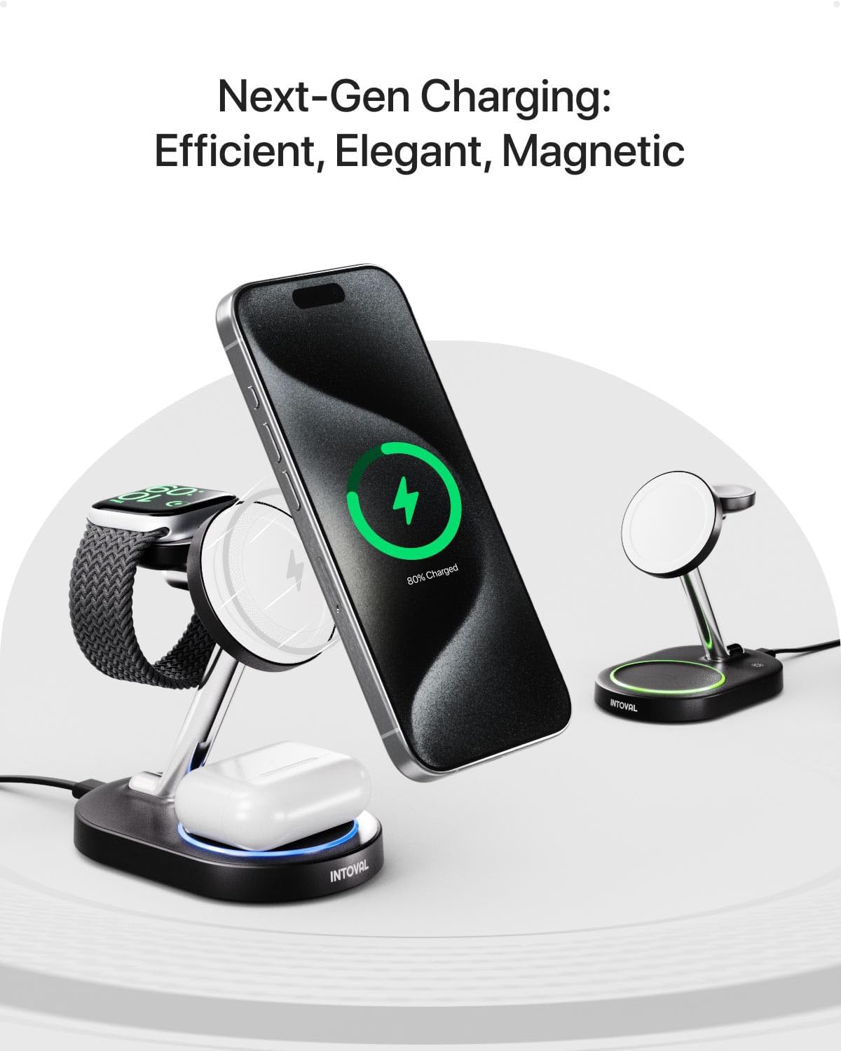 Intoval magnetic charging stand with iPhone, Apple Watch, and AirPods charging