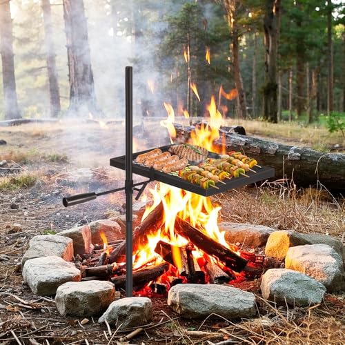 Adjustable Swivel Fire Pit BBQ Grill, Heavy Duty Steel Swivel Campfire Grate, Garden Tripod Barbecue Cooking Grill for Outdoor Camping BBQ Open Flame Cooking - 56x38cm