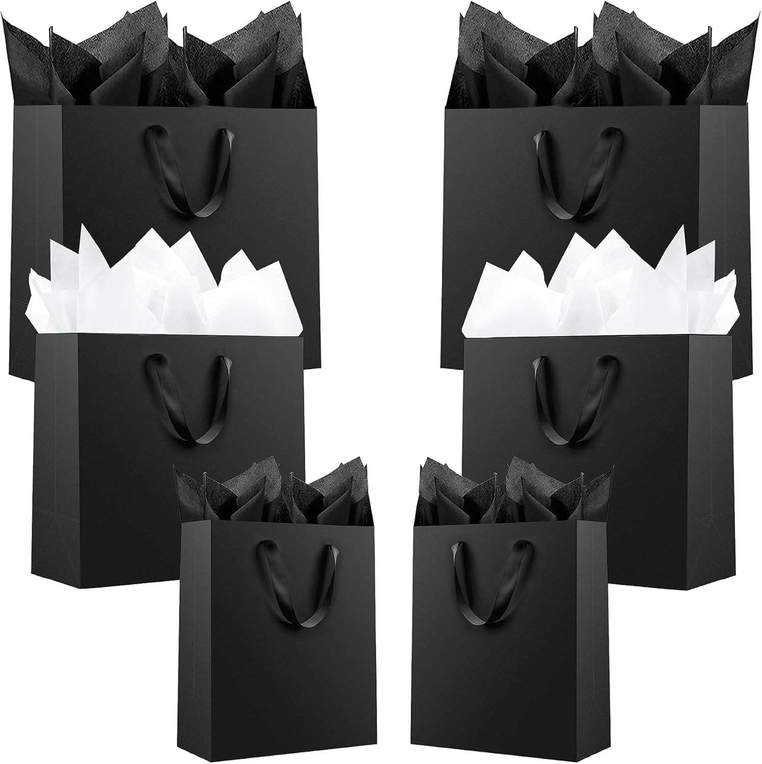 Offizon 12 czarnych torebek prezentowych, papierowych torebek z mieszanym papierem (4 małe 15 cm, 4 średnie 22 cm, 4 duże 32 cm), torebki papierowe z uchwytami na urodziny i święta