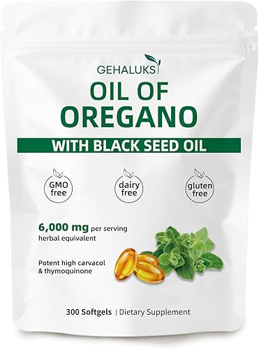 Aceite de orégano con cápsulas blandas de aceite de semilla negra  6000 mg  Sin OMG, sin gluten  Apoyo de bienestar antioxidante y estacional  300