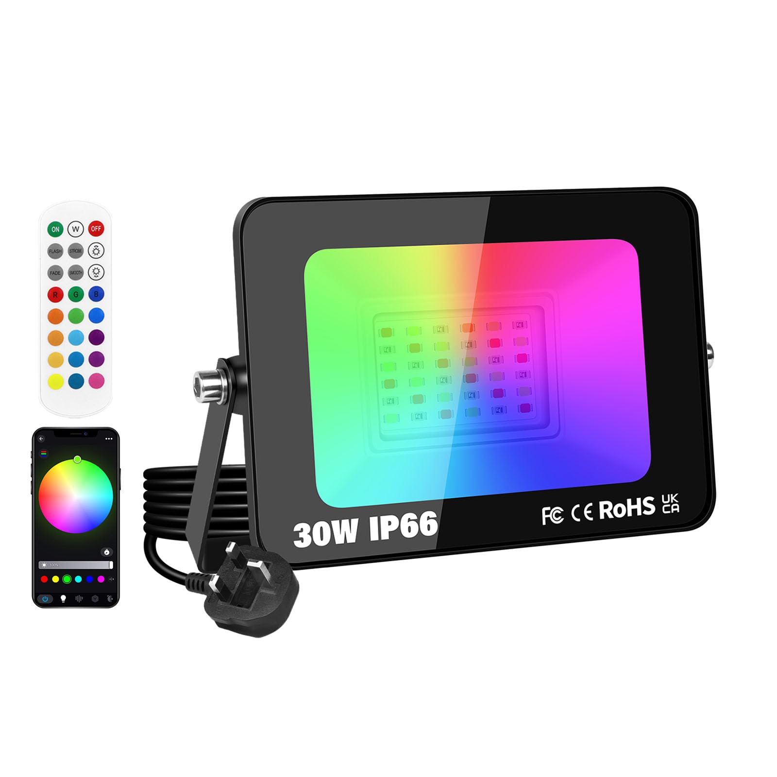RIGIDON 1 Pack 30W LED Flood Light Outdoor with Plug, Smart RGB DIY Scenes Color Changing Landscape Lighting with APP Control, IP66 Waterproof Flood Lights for Garden Yards Stage House