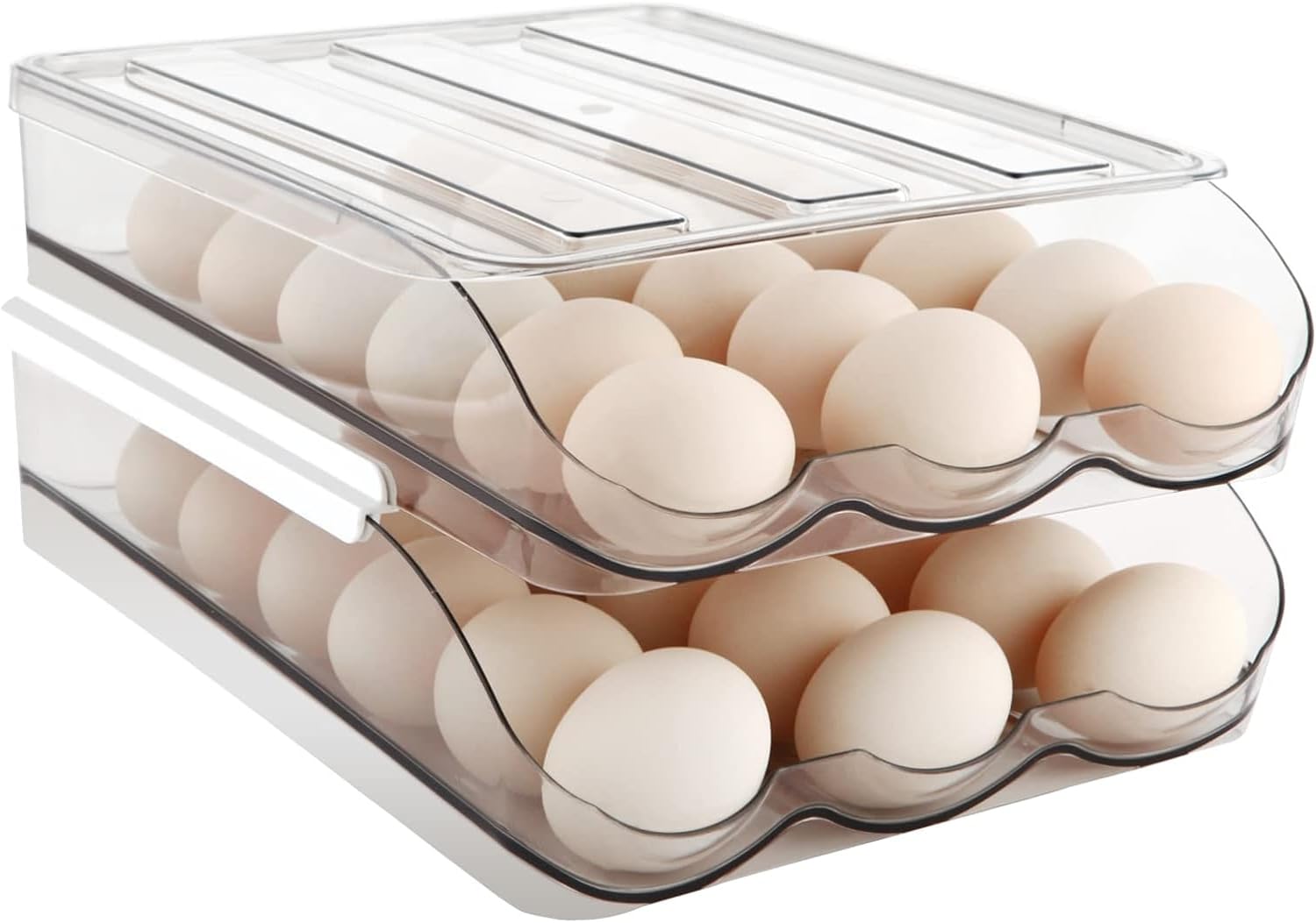 LOVE LOVE BELOVED 2 Layer Egg Holder, 36 Grid Auto Rolling Egg Storage Container for Refrigerator, Large Capacity Organizer for Fridge with Lid, Clear Plastic Egg Dispenser Tray Bin