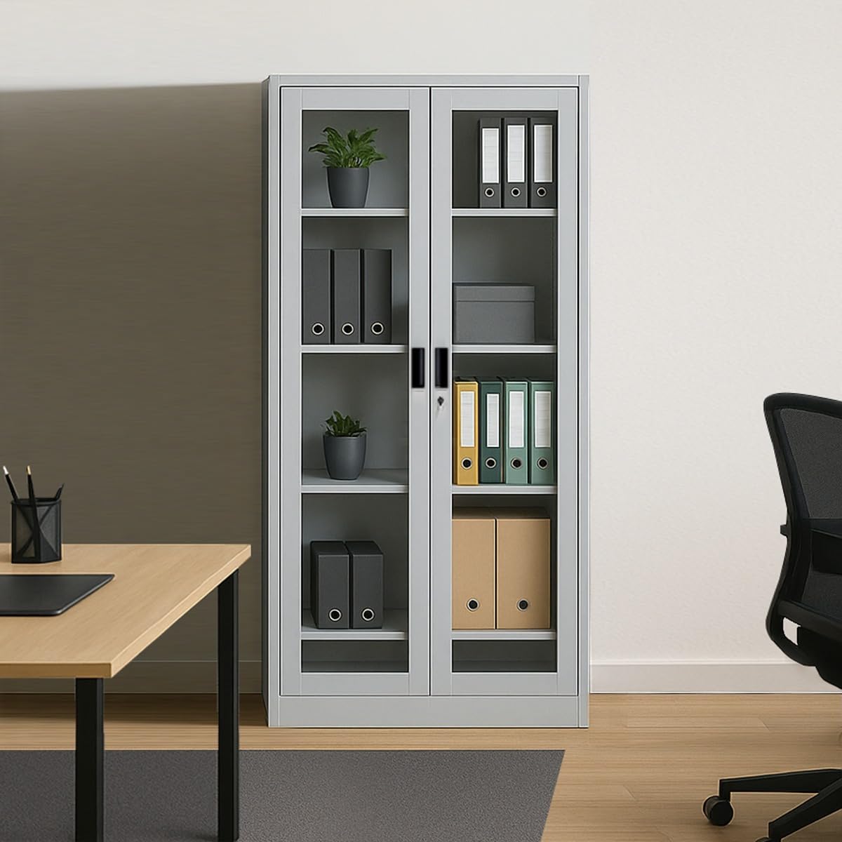 Bissolo Casa Vetrina W-F5 90×45×H180 cm – Metallo Grigio Opaco – 2 Ante in Vetro, 4 Ripiani Regolabili, Serratura di Sicurezza – Mobile Metallico Professionale – Montaggio a Kit