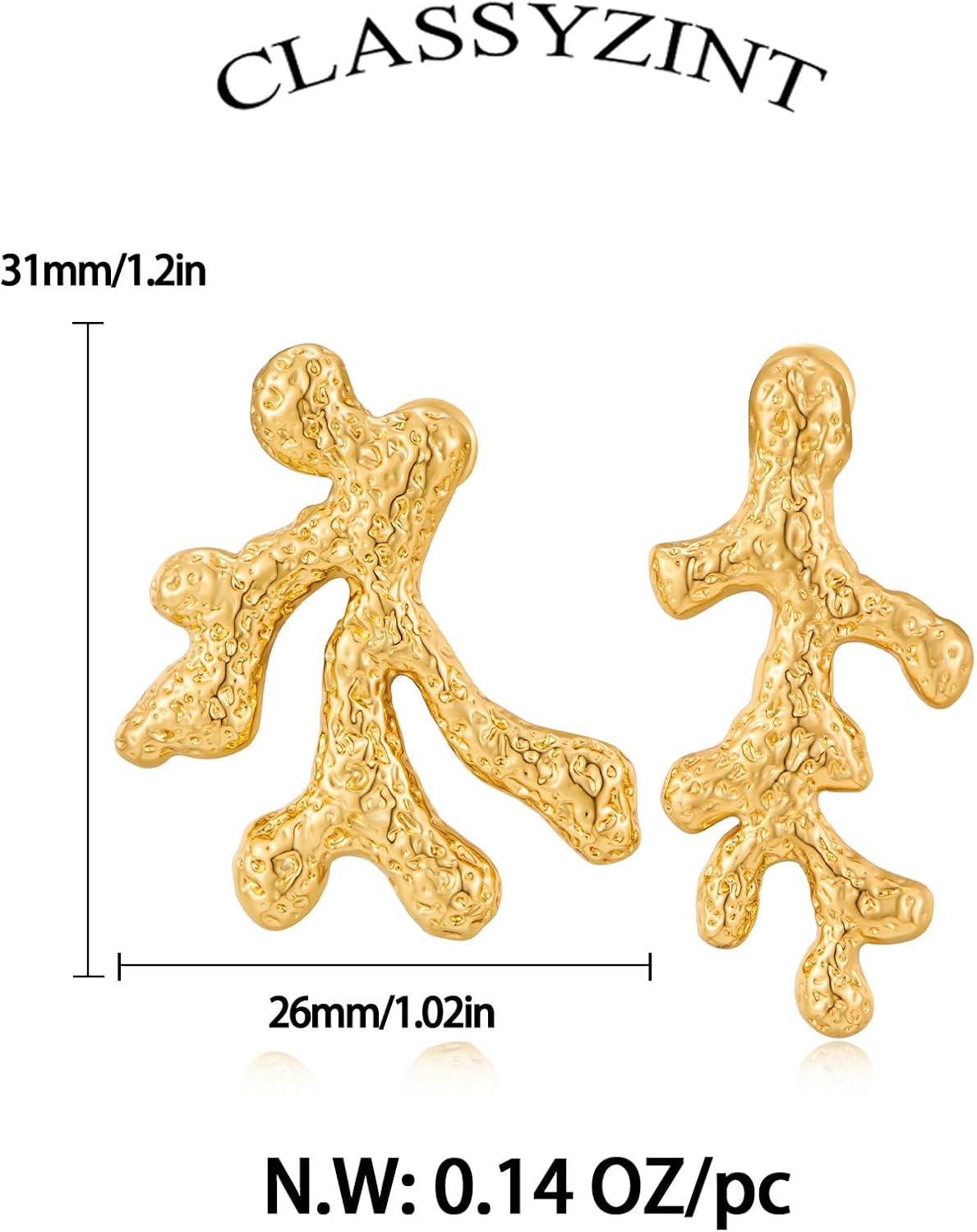 CLASSYZINT Gold Coral Earrings for Women Beach Ocean Theme Stud Earrings Statement Earrings Asymmetric Hammered Textured Hypoallergenic Jewelry - Image 6
