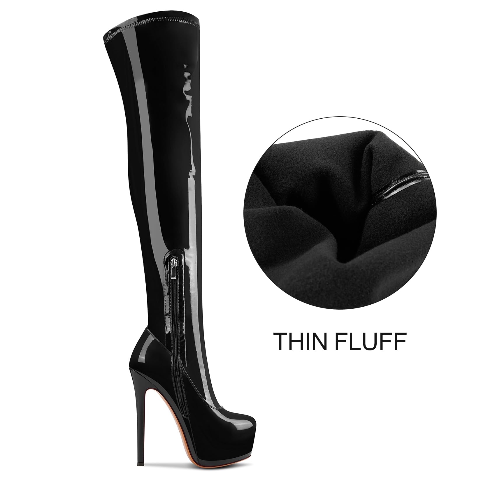Aachcol Patent Leather Over The Knee Stiletto Boots Platform Thigh High Boots Round Toe Side Zipper Sexy Dress High Heel Boots 5.9 Inches Heels: 6 Black