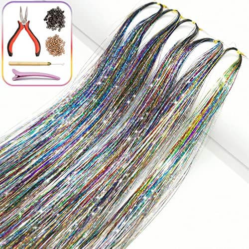 Hair Tinsel Kit with Tools and Instruction Easy to Use 1000 Strands 47 Inches Glitter Tinsel Hair Extensions for Women and Girls, Sparkling Shinny Fairy Hair Accessories for Christmas New Year Halloween Cosplay Party (Rainbow)