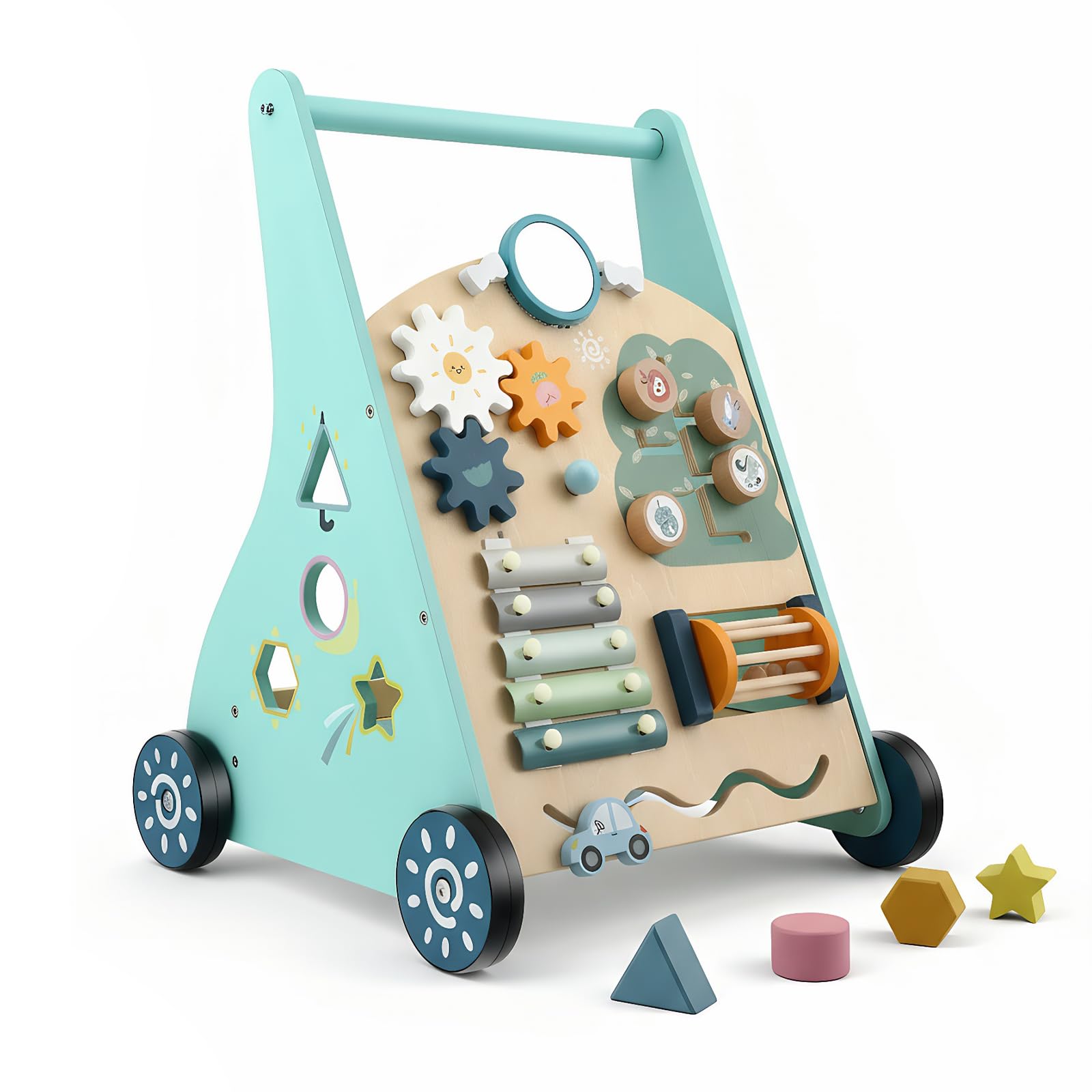 Girello in legno per bambini - Girello multifunzionale con giocattolo per le abilità motorie - Giocattolo didattico Montessori - 8 diverse aree di gioco - Regalo per bambini e bambine da 1 anno in su