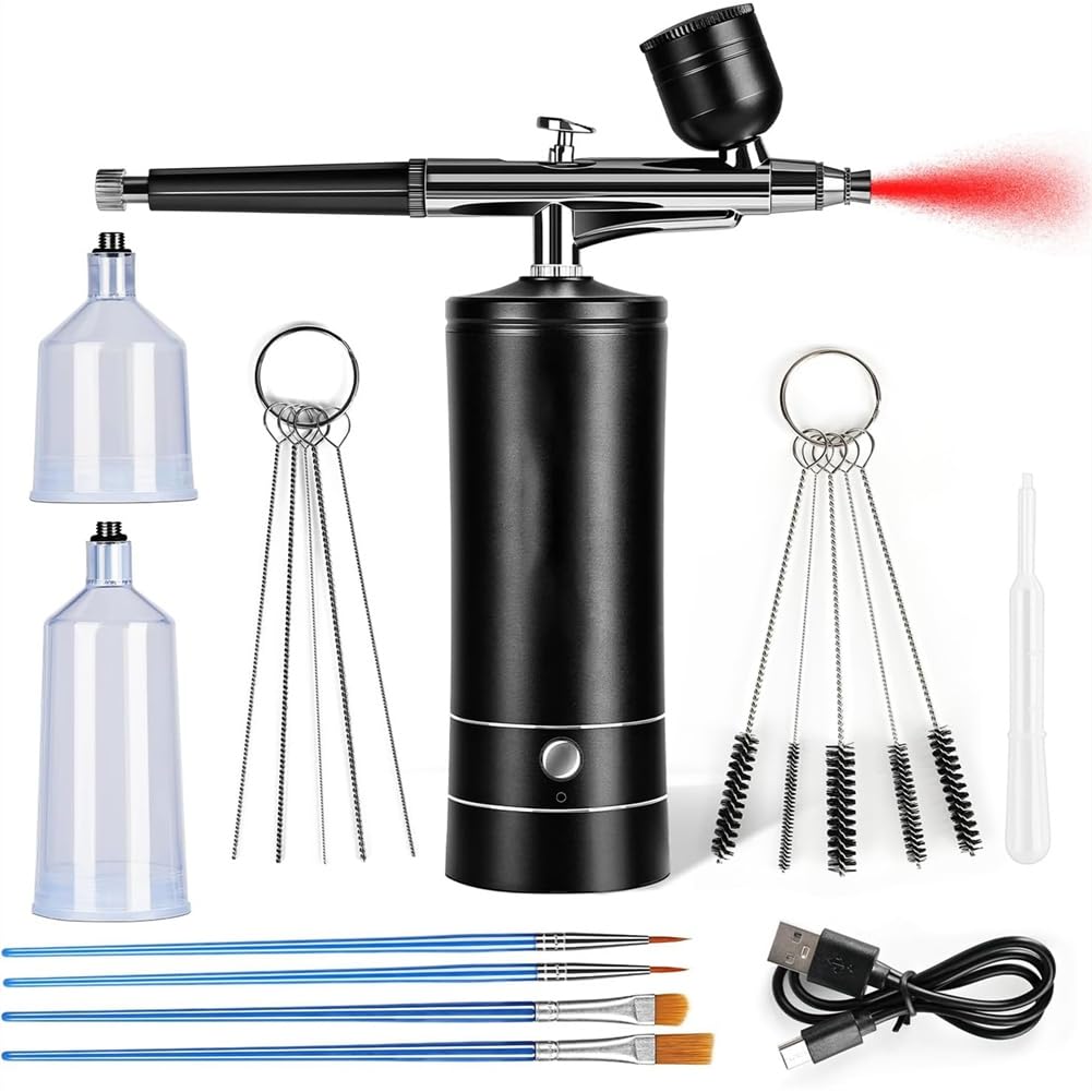 Udsknv[Ksl As Shown Airbrush Kit Rechargeable With Compressor Cordless Air Brush 3 Adjustable Air Pressure For Decorating And Model Painting