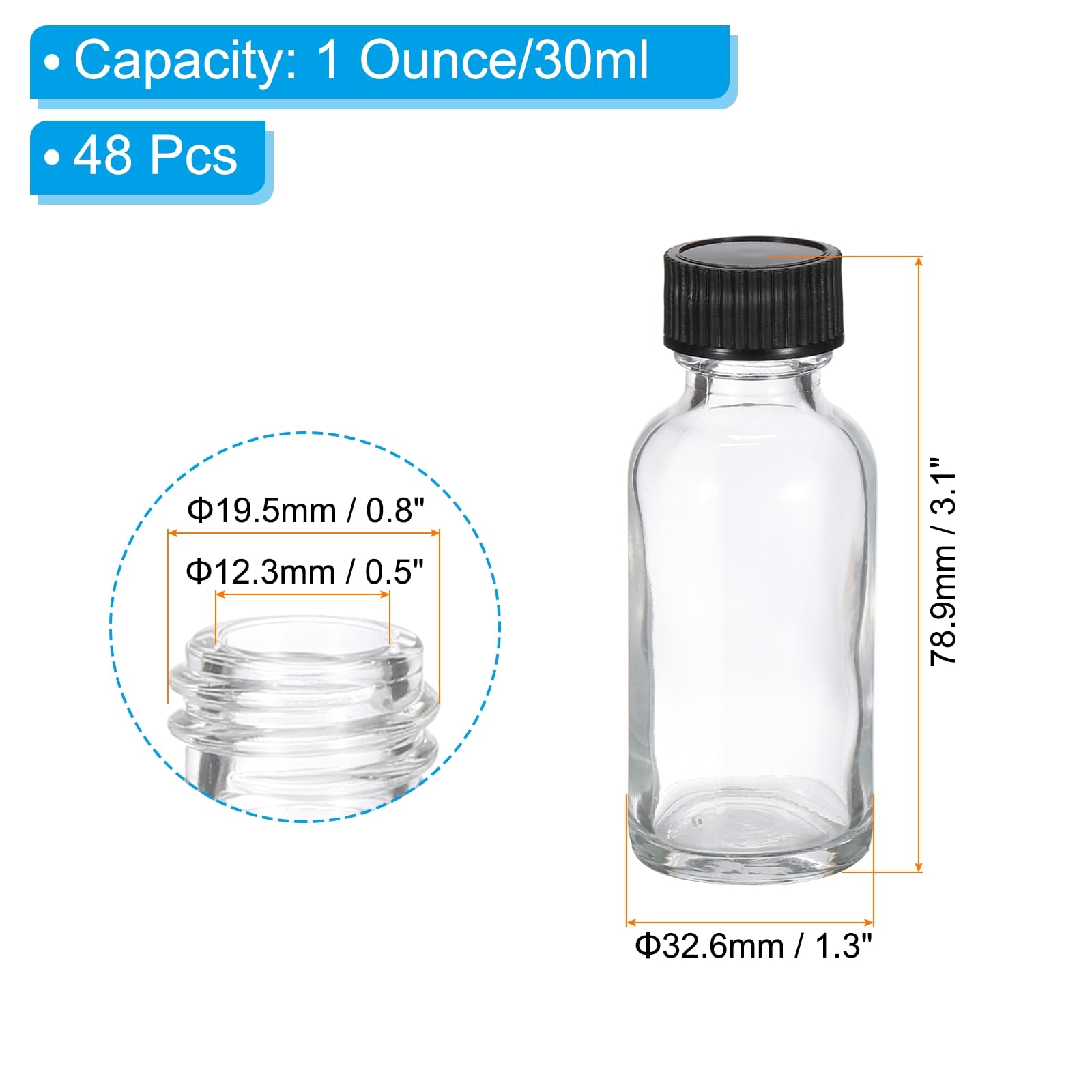PATIKIL Botellas de muestra de vidrio de 30 ml, 48 botellas dispensadoras redondas con tapa de cono de poliéster negro para líquidos reactivos, jugo, perfume, salsa picante, chupitos de jengibre,