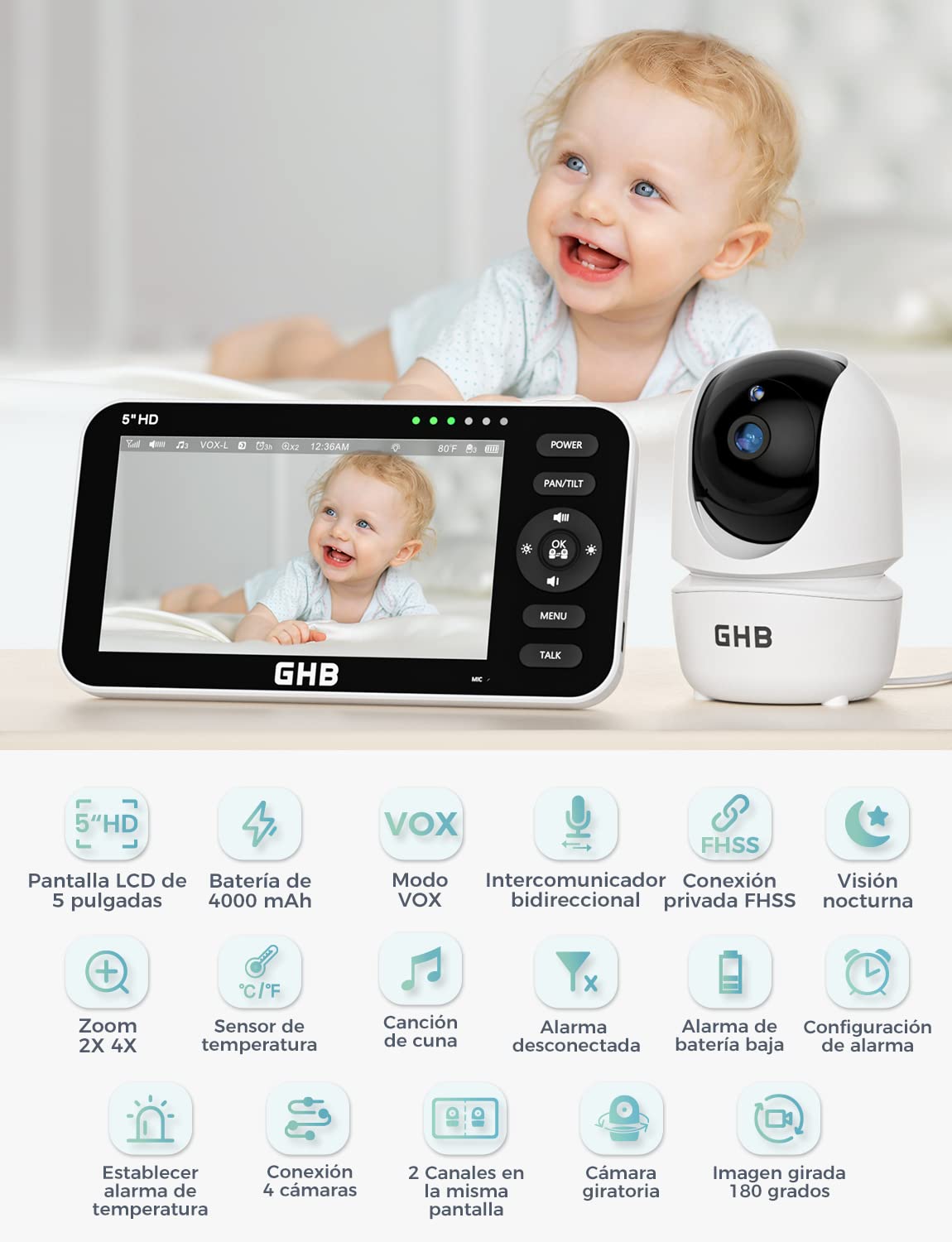 GHB Camara Vigilancia Bebe con 5" HD Pantalla Vigilabebés con Cámara, Batería de 4000mAh Pantalla Dividida, 4×Zoom, Visión Nocturna, Comunicación Bidirecciona Escucha Bebes