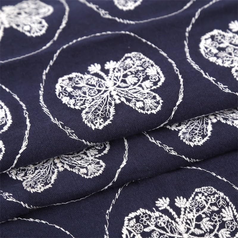 Tissus Couture Tissu épais en coton et lin brodé de papillons, sac, nappe, oreiller, tissu fait à la main, bricolage(Blue)