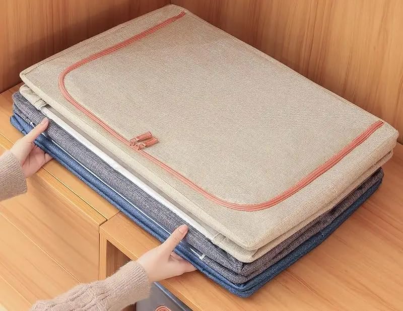 Miniatura 3 de Caja de almacenamiento de ropa, juego organizador plegable de tela de lino con ventana transparente y asas de transporte con marco de metal, paquete