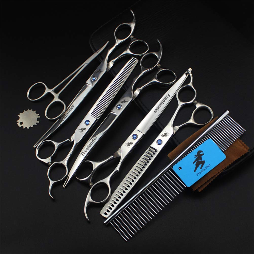 DESAV Persone per Cani da Pet Forbici 5Pcs Set, 8.0 Pollici Professional Straight Curved Shears Sheasors Fishbone Forbici Dente, Trimming dei Capelli Strumenti per Lo Styling