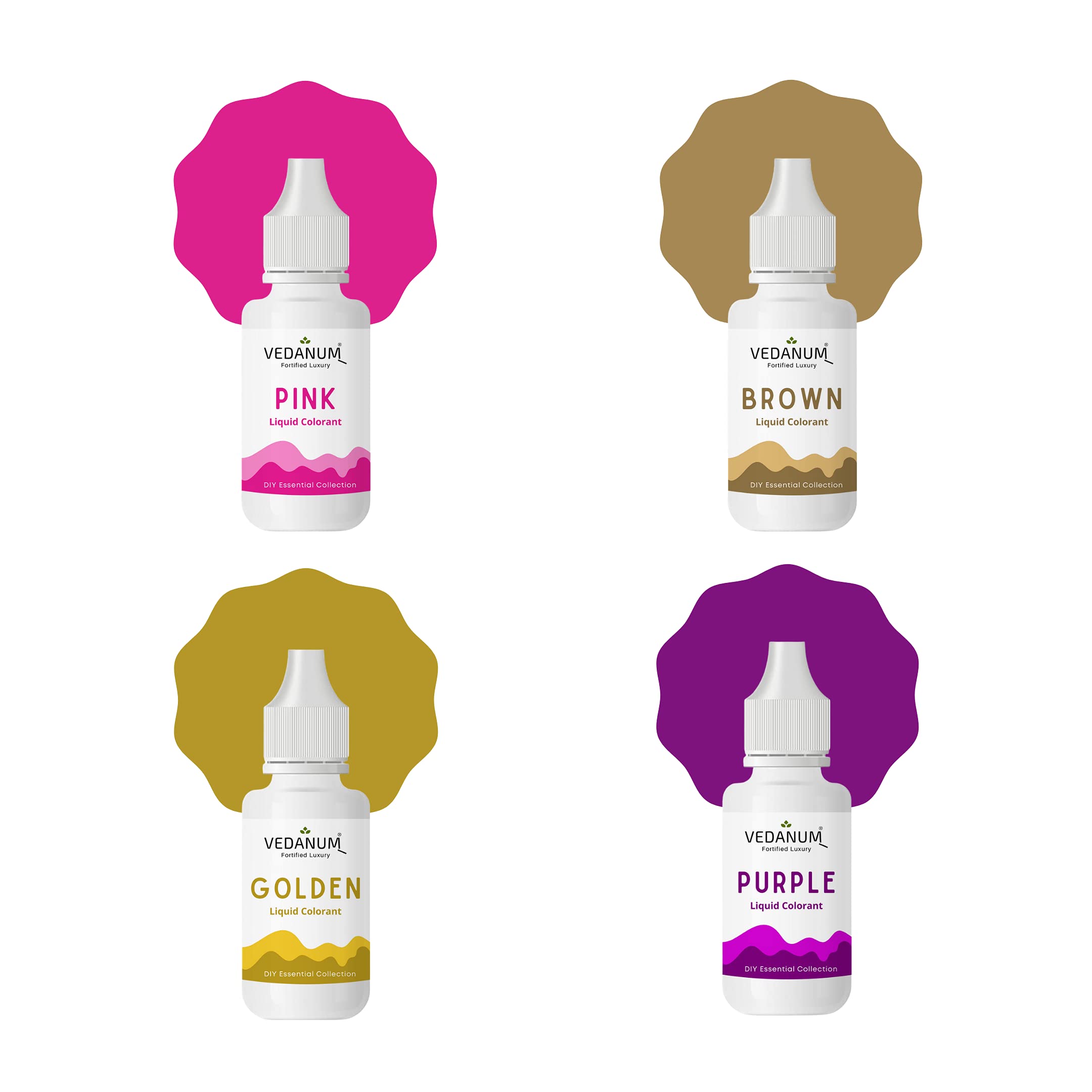 VEDANUM DIY Premium Liquid Colors for Soap Making, Bath Bombs, Bath Salts, Cosmetics, Skin Friendly Pigments, Pack of 4 (15 ml Each) Pink, Brown, Golden, Purple-picture-10
