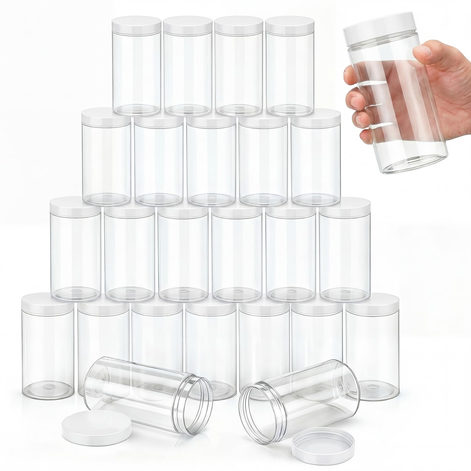 SATINIOR 24 Pieces Clear Plastic Jars with Lids, White Lid, 32 oz