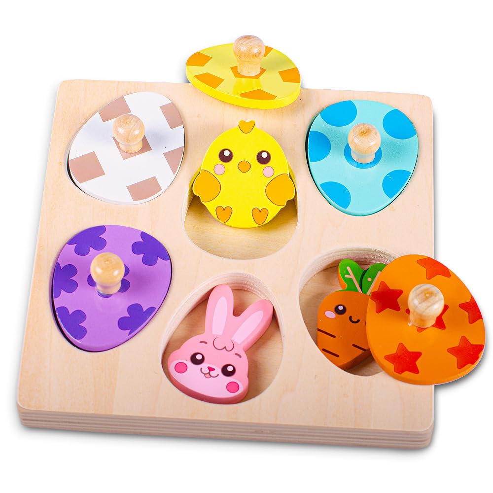 Waybla Easter Basket Stuffers - Easter-Themed Wooden Peg Puzzle for Toddlers 1-3, Montessori Educational Toy and Learning Activity
