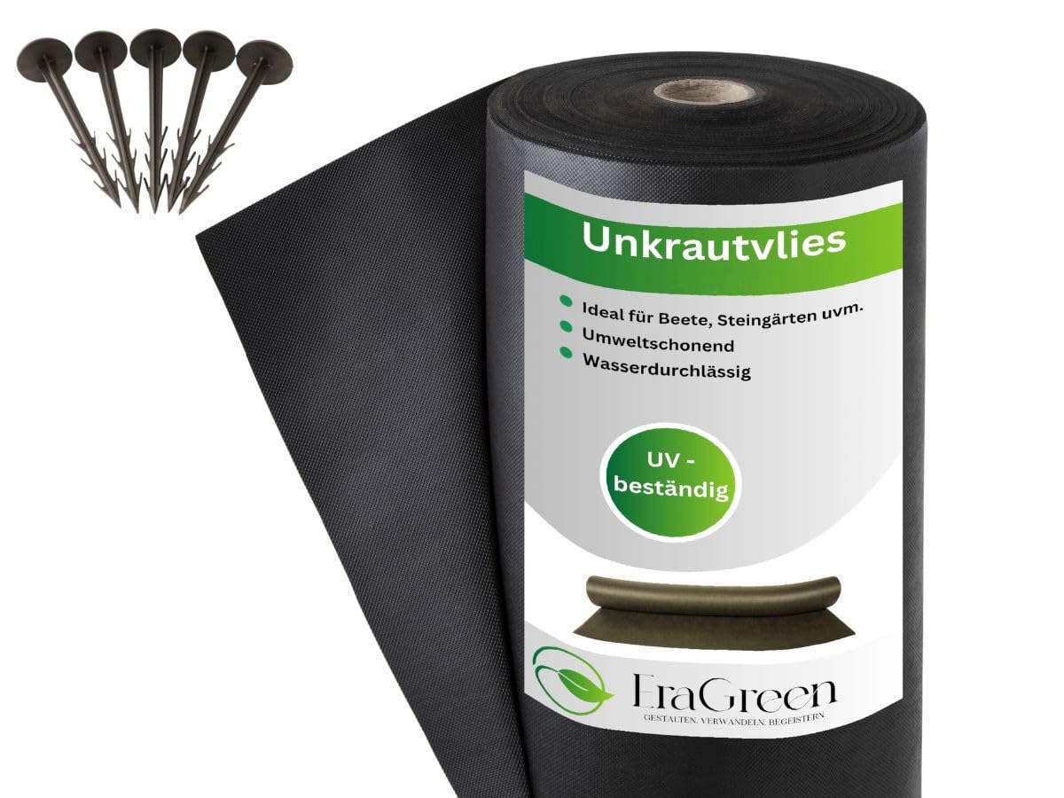 EraGreen Tessuto non tessuto per erbacce di alta qualità, 2,0 m x 10 m + 10 ancore, 50 g/m², permeabile all'acqua, stabilizzato ai raggi UV, ideale
