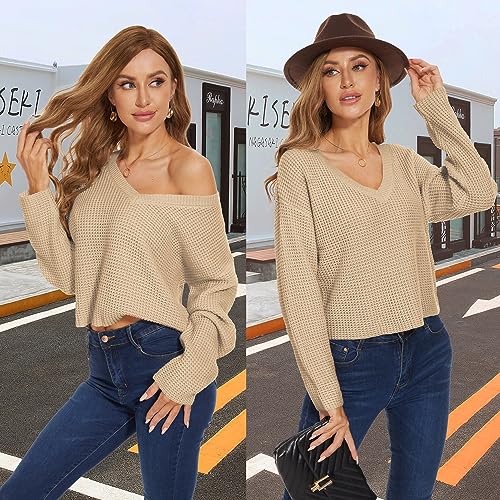 Image of Women's V Neck Waffle Knit Cropped Top Long Sleeve Thick Pullover Crop Sweater