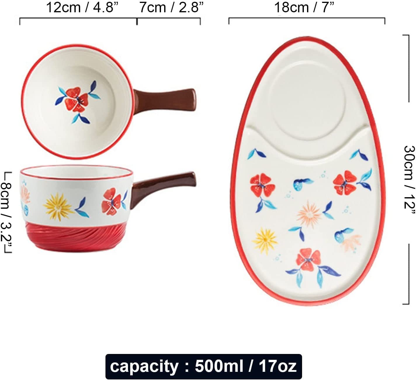 HEAGER Keramik Schüssel, Suppe Schüssel, Keramik-Cremesuppenschüsseln und -Untertassen, Teller- und Schüssel-Set for 1 Person, Frühstücksschüsseln mit Crackerhalter.-rot