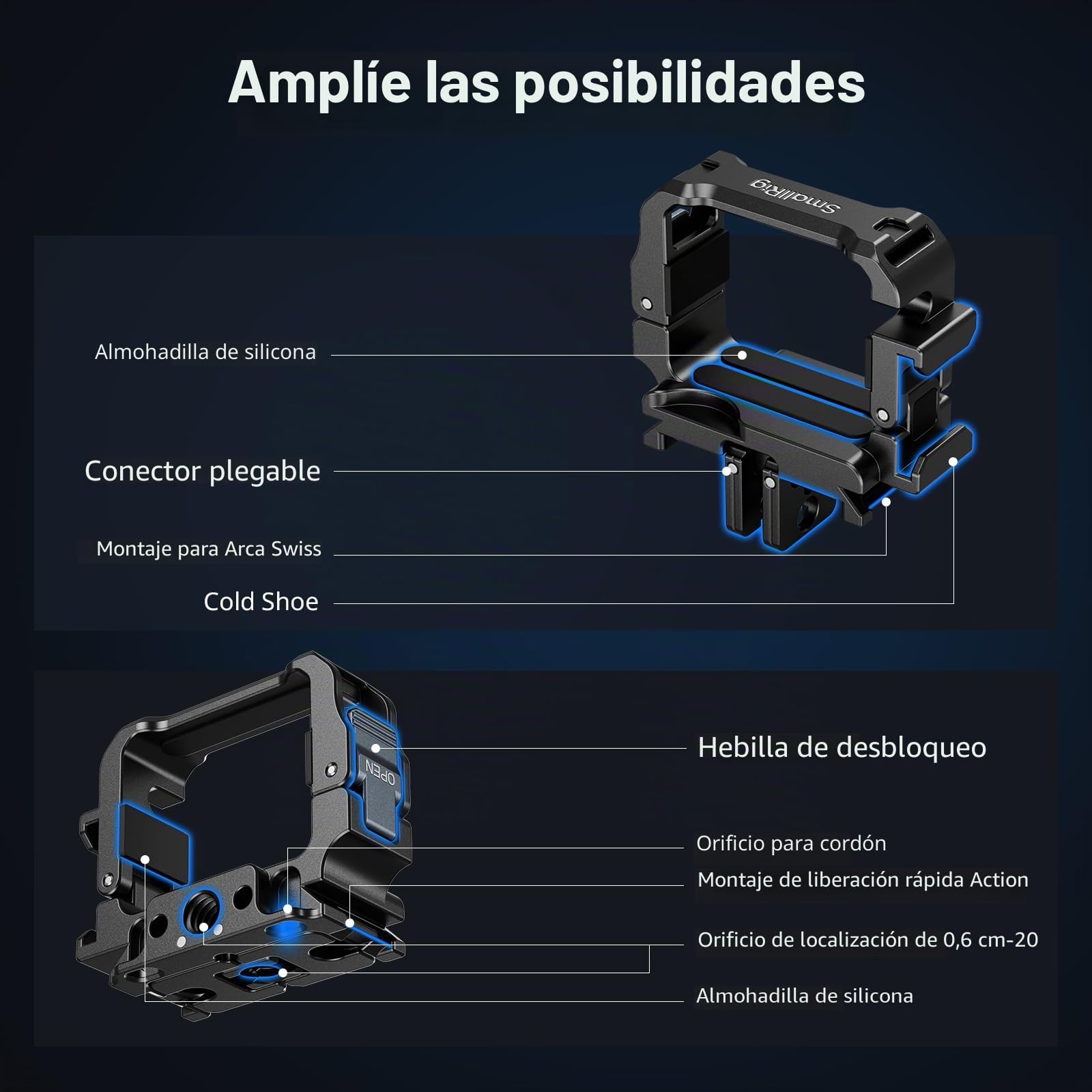 SMALLRIG Jaula de expansión para DJI Osmo Pocket 3, adaptador de montaje reversible con rosca de 1/4"-20, zapata fría y soporte de 2 polos, diseño de acceso completo, compatible con estuche