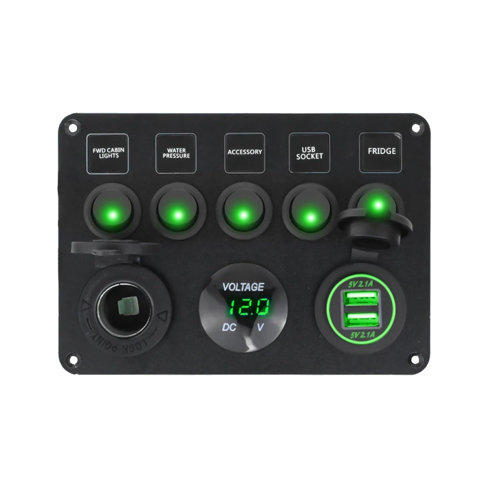 Panel przełączników łodzi samochodowych Wodoodporny cyfrowy woltomierz Podwójny port USB Gniazdo 12 V Kombinacja morskich diod LED Rocker 5 Gang(Green)